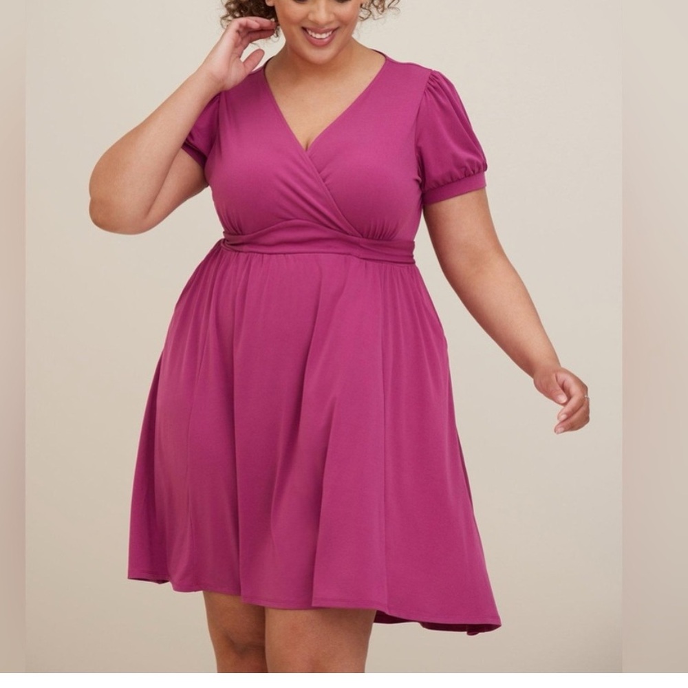 Torrid Studio Knit Surplice Tie Back Mini Dress in Boysenberry Magenta Pink 2X